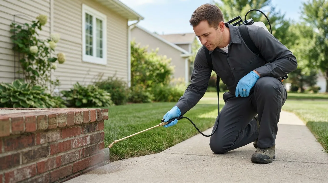 Pest control technician treating a home near Beardsley, MN