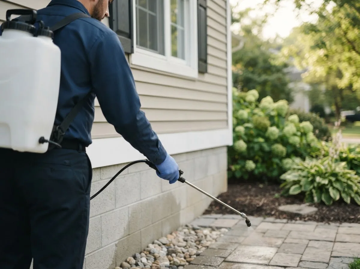 Pest control technician inspecting a home in Beardsley, MN